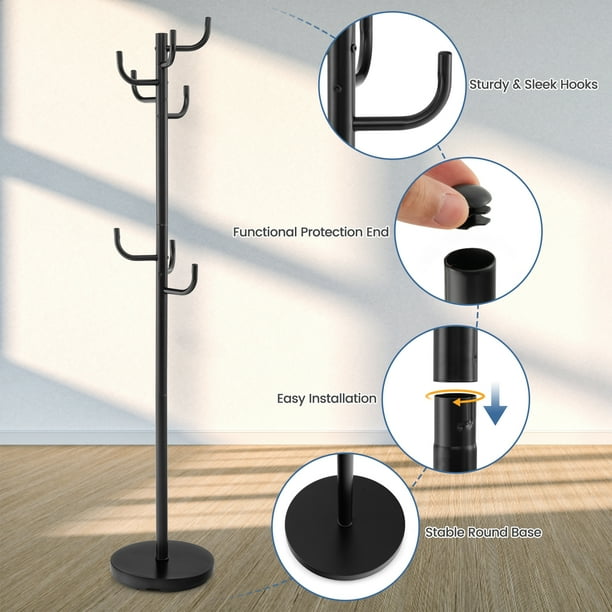 COSTWAY Metal Coat Rack Hat Stand Tree Hanger Hall Umbrella Holder Hooks In Black