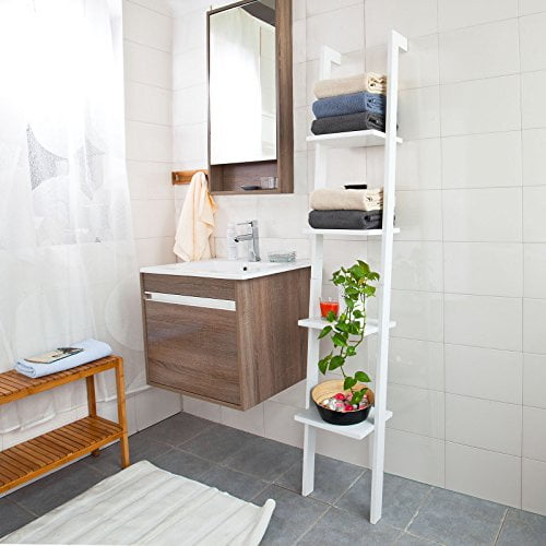 Haotian Modern ladder bookcase made of wood with four floors,book shelf, stand shelf, wall shelf, 12.99inch x 70.87inch, FRG15-W,white