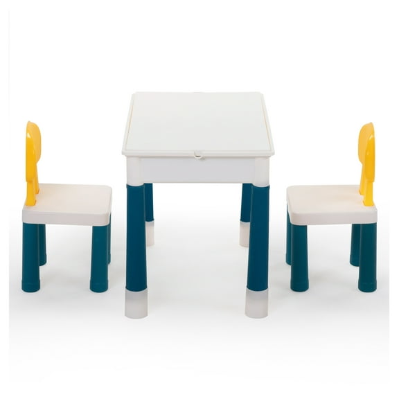 Building Block Table Set - Kids Table with Blocks & Chairs, Multifunctional Play Table with Storage, DIY Slide, Gray & Yellow Colorful   Polypropylene