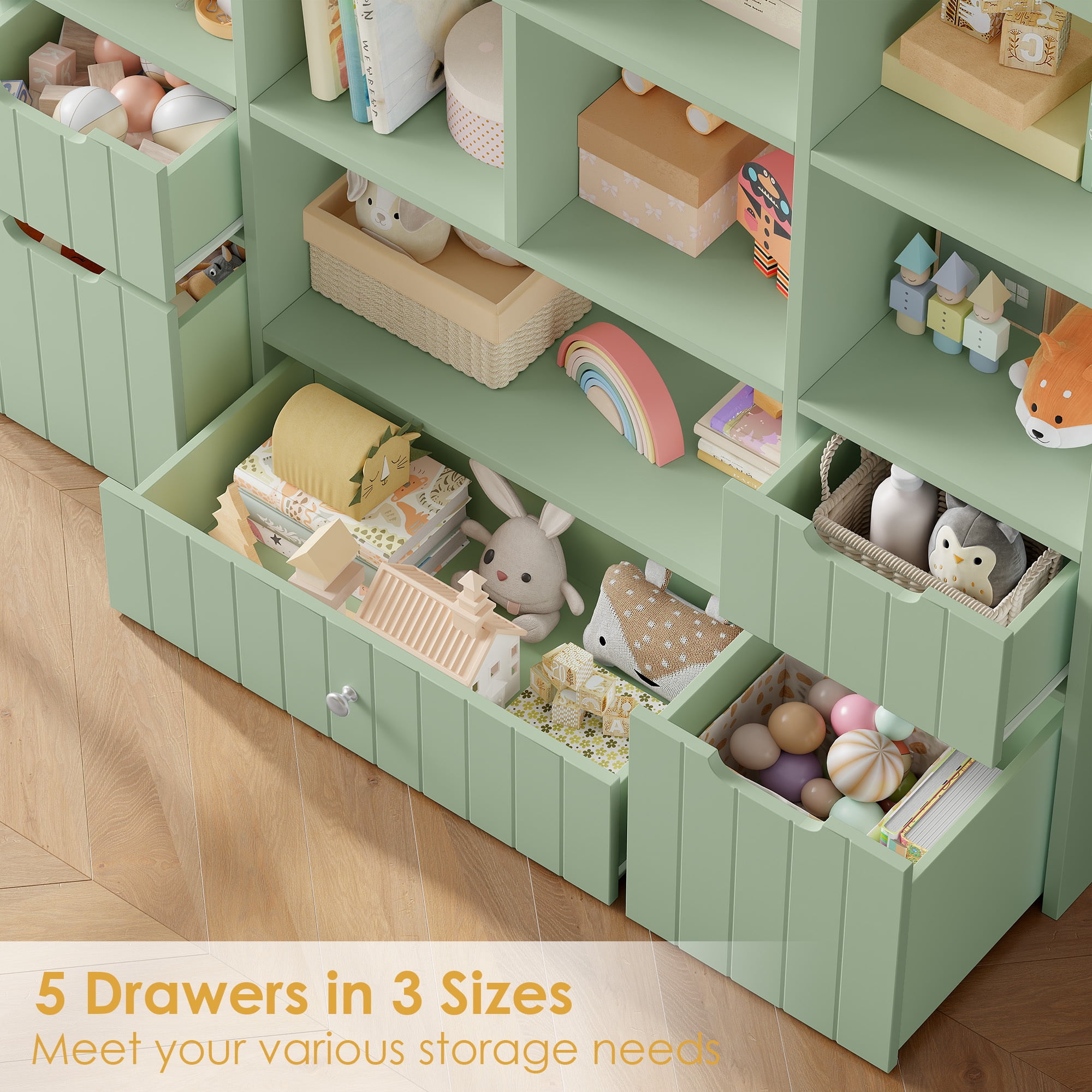 Homfa Kids Toy Storage Organizer with Cubby, Kids Toy Storage Chest with Removable Drawers, Kids Bookcase for Playroom Bedroom Living Room, Green