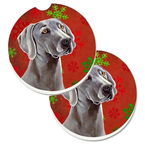 Weimaraner Red and Green Snowflakes Holiday Christmas Set of 2 Cup Holder Car Coasters