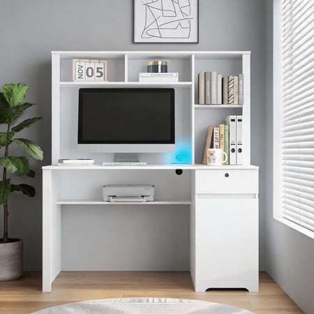 51 Inch Large Computer Desk With Hutch, Home Office Student Study Desk, Clean White Particle Board With Charging Ports And Lockable Drawers