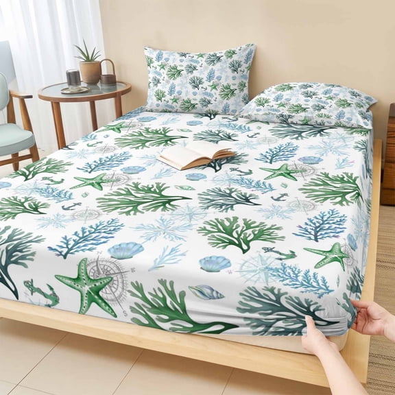 Twin XL Size Fitted Sheet Set - Sage Green Coastal 2 Piece Bedding Sets 16" Deep Pocket Fitted Sheet with 1 Pillowcases, Coral Starfish Seaside Summer Beach Brushed Microfiber Hotel Luxury Bed Sheets