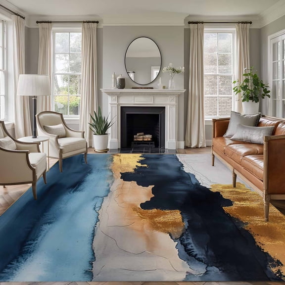 8'x10' Area Rugs, Navy Blue Yellow Indoor Outdoor Area Rug for Living Room Bedroom, Color Block Abstract Vintage Modern Washable Bathroom Rugs Kitchen Floor Carpet Mats Home Decor Aesthetic