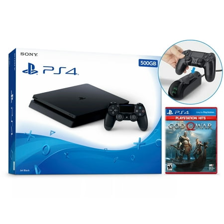 Sony PlayStation 4 Slim God of War PlayStation Hits Bundle 500GB PS4 Gaming Console, Jet Black, with Mytrix Dual-Controller Fast Charger