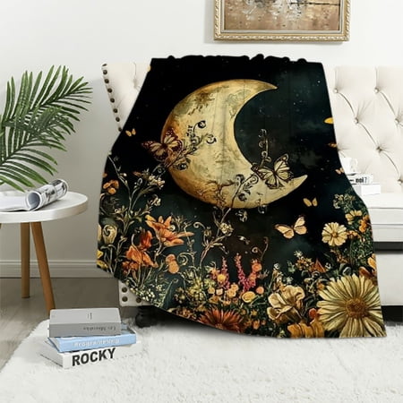 BCIIG Moon Flowers Butterflies Warm Lightweight Blanket Soft Fleece Throw Blanket Living Rooms Sofa Decor Cow Gifts Blanket All Seasons Flannel Material Blanket 60x80in