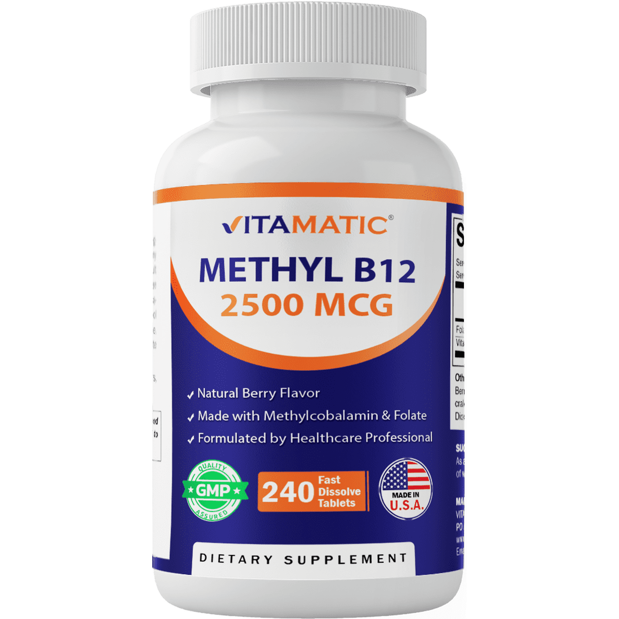 Vitamatic Methyl B12 – Natural Berry Flavor – 240 Fast Dissolve Tablets – Methylcobalamin B12 & Folic Acid for Energy & Nervous System Support (2500 mcg)