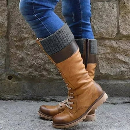 

yinguo women s vintage lace up round toe keep warm middle cowboy boots for women shoes