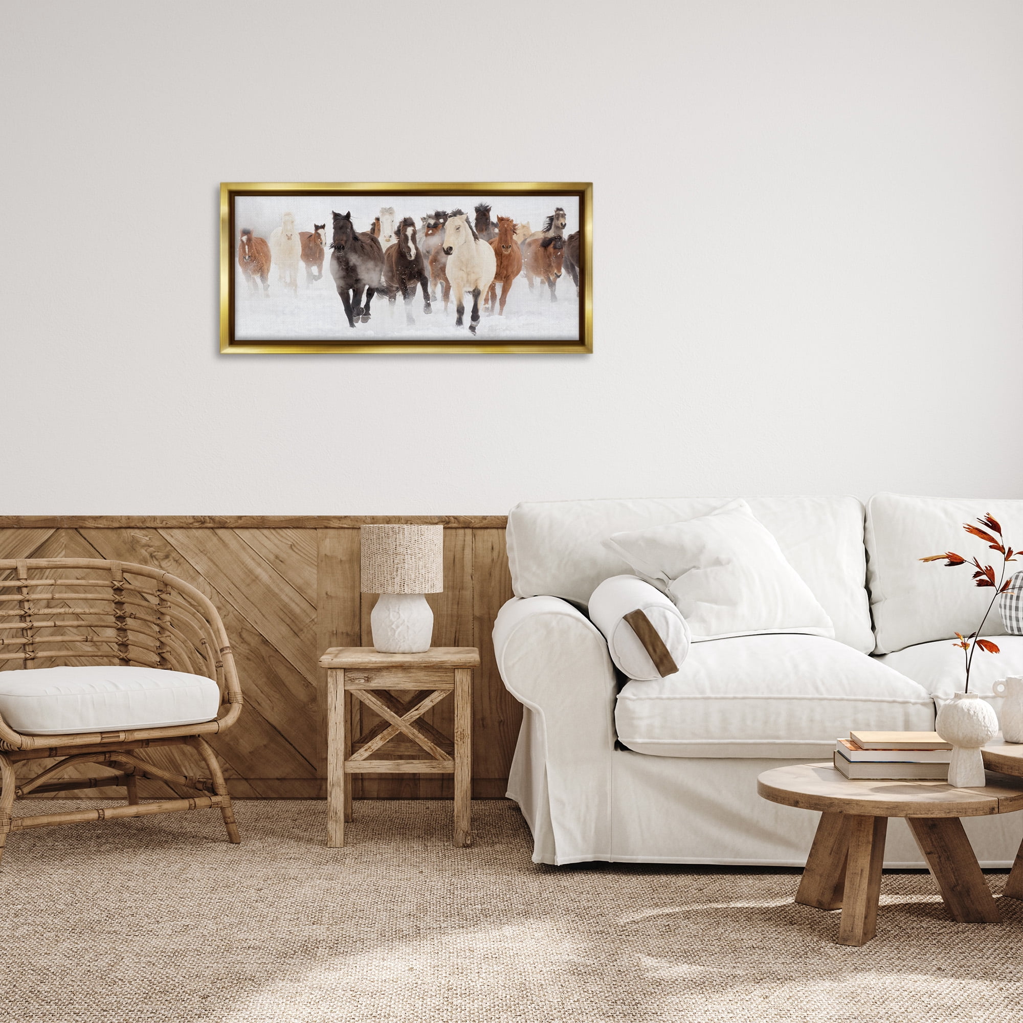 Stupell Industries Wild Horses Herd Foggy Winter Animals & Insects Painting Gold Floater Framed Canvas Art Print Wall Art, 31 x 14