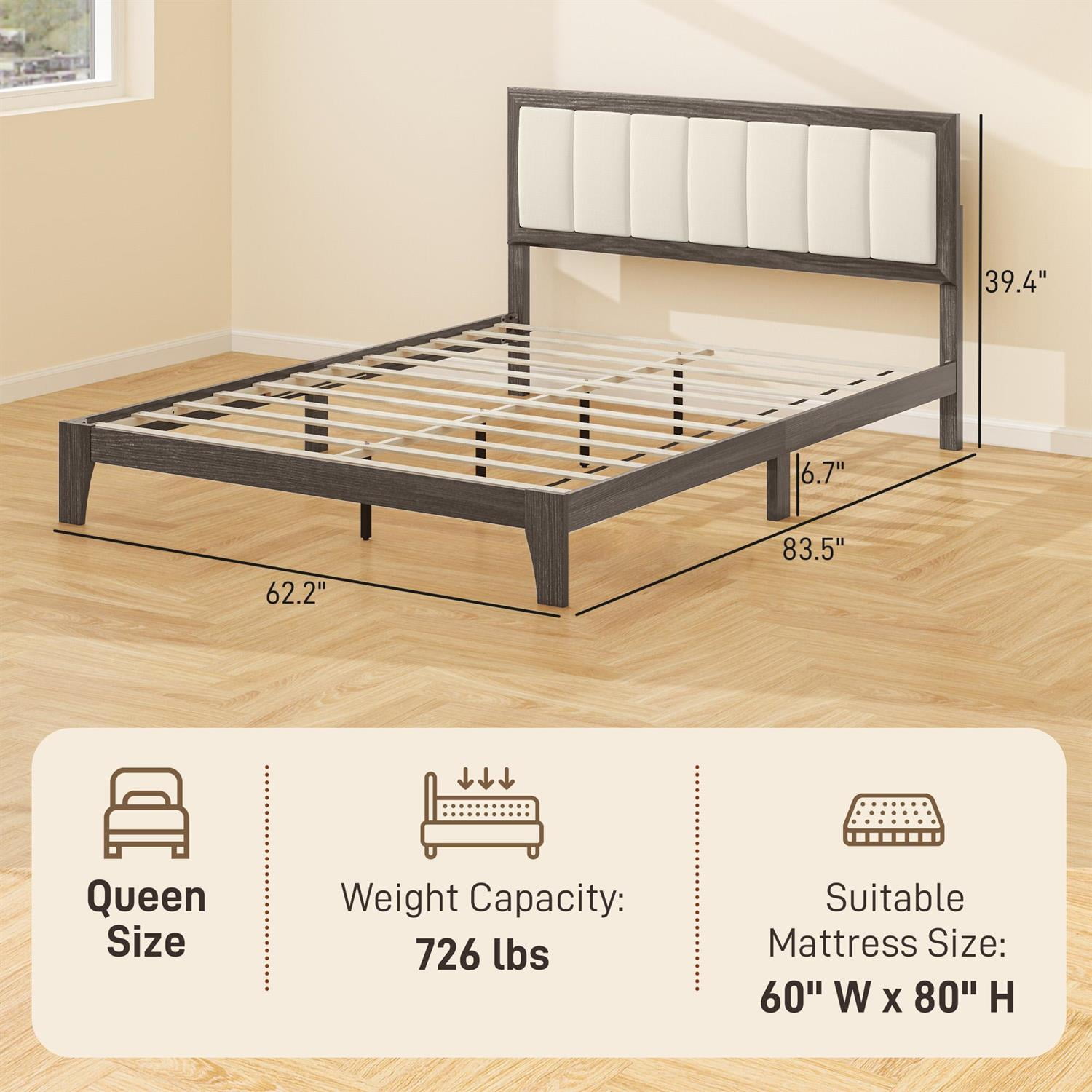 Demi Bonn Queen Size Bed Frame with Headboard, Wood Slats & Modern Platform Style Without a Box Spring, Gray