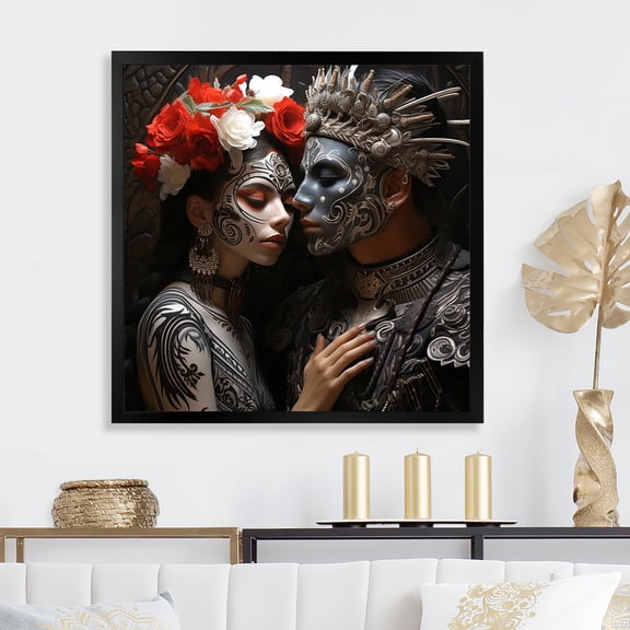 Designart "Day of the Dead Mexican Portrait II" Fashion Framed Wall Art Decor - Glam Gold Woman Living Room Framed Canvas Art
