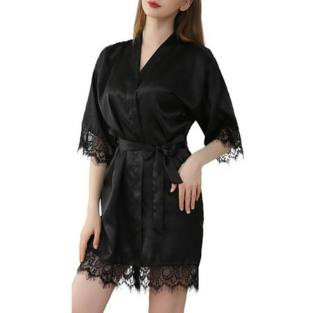 VONCOS Women s Satin Robe Sleepwear- Bathrobe Valentines Lingerie for Women Summer Sexy Sling Short Robes Black Size S