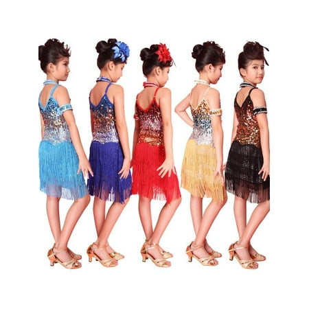 MarinaVida Kids Girls Ballroom Latin Salsa Tasseled Sequined Dance Dress Dancewear Costume Party Dress