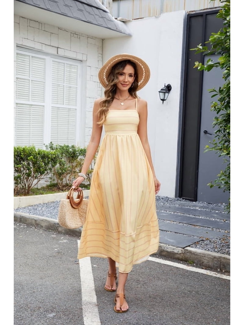 yellow flowy summer dress HVEOO Women's Summer Flowy Beach Dress, Casual Sleeveless Sundress, Smocked  Maxi, Yellow