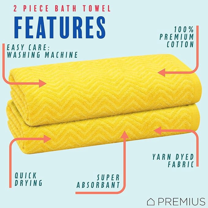 PREMIUS 2 Pack Chevron 100% Cotton Yarn Dyed Bath Towel, Sunstruck-Yellow, 27x54 Inches