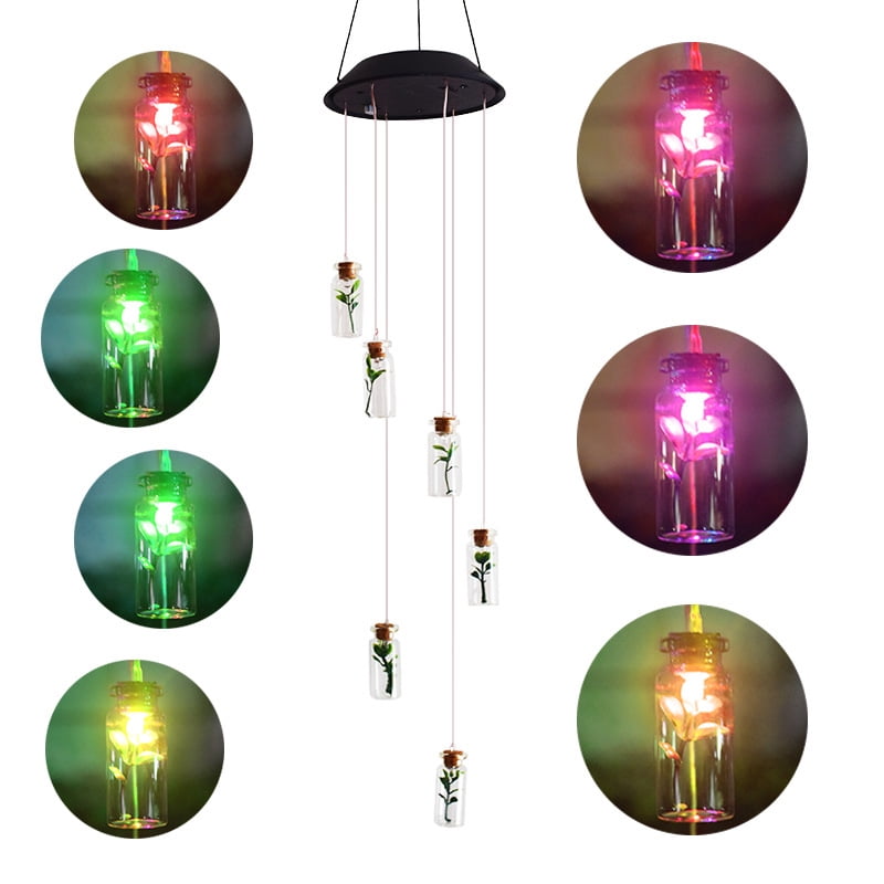 Solar Powered Wind Chime Light Color Changing LED Wish Bottle Hanging Lamps 
