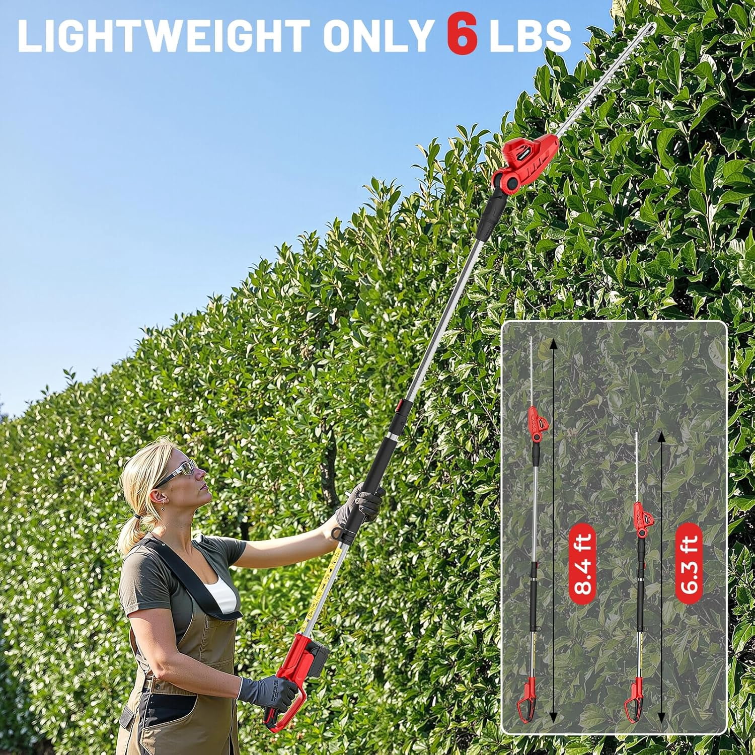 Cordless Pole Hedge Trimmer Compatible with Milwaukee M18 Battery 18-in, 14-ft Max Reach, 150° Adjustable Head (Battery Not Included), Shoulder Strap, 18-in Blade for High Hedges & Bushes