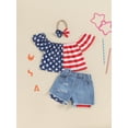 thumbnail image 2 of Bagilaanoe 4th of July Outfits for Toddler Baby Girls Off-shoulder T-shirt Tops + Patchwork Denim Shorts + Headband 12M 18M 24M 3T 4T 5T Kids Independence Day Clothes 3pcs Short Pants Set, 2 of 8