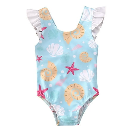 

CenturyX Newborn Baby Girls Summer One-piece Swimwear Ruffles Shell Starfish Print Swimsuit Beachwear Blue 0-6 Months
