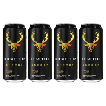 (4 pack) Bucked Up Energy Drink, Mango Tango, 300mg Caffeine, 16 fl oz, 1 Can