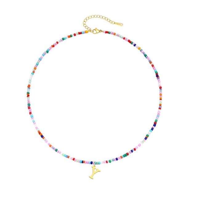 Kkkded Collier de Perles Colorées Style Bohème Pendentif Alphabet Collier Ajustable - pour Femmes et Filles, Personnalisé