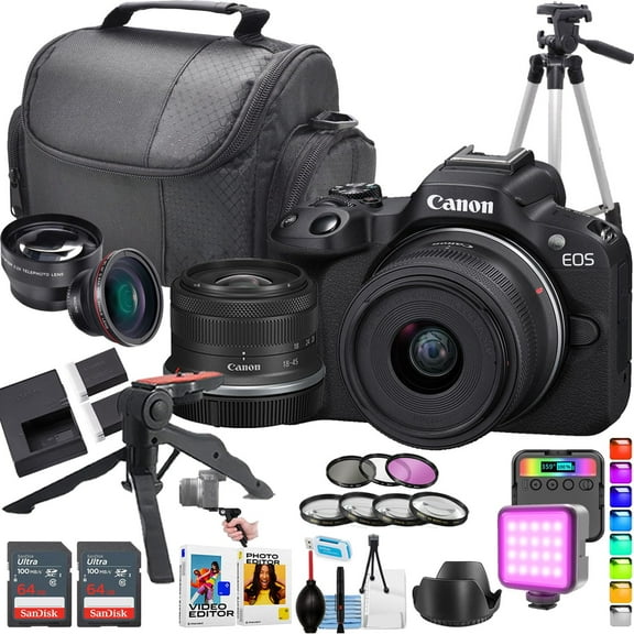 Canon EOS R50 Mirrorless Camera w/18-45mm Lens   2pc Sandisk 64GB Ultra Memory Card   Camera Case (21pc Bundle)