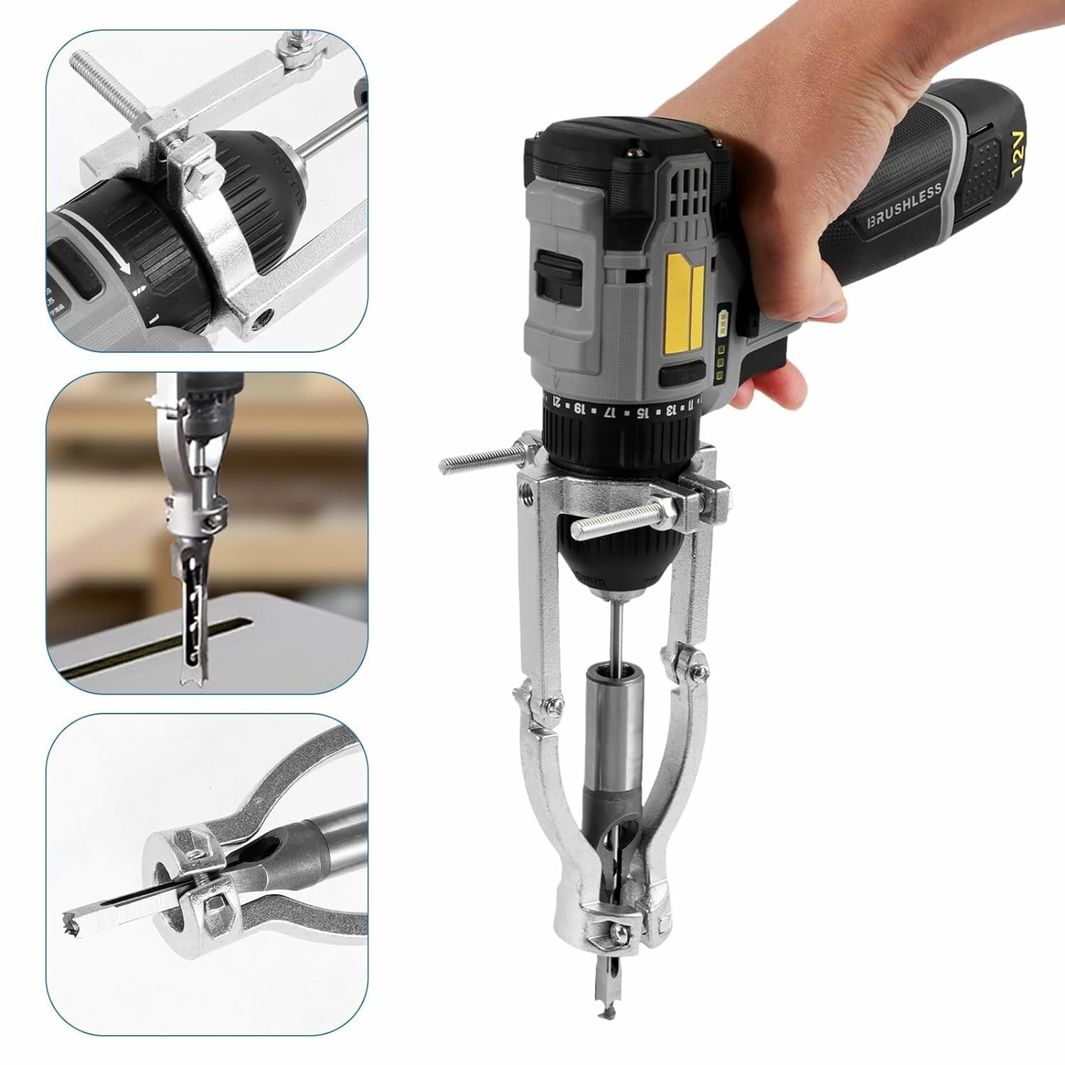 Carbide Square Hole Drill Bit Adapter Kit with 4 Bits and Fixing Bracket for Woodworking Mortising