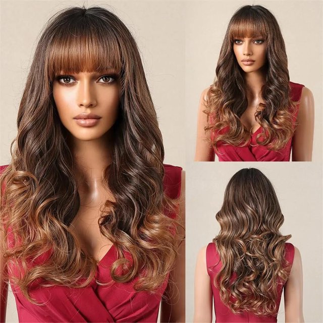 Peluca de cabello sintético con flequillo para mujer Afro, pelo largo negro Natural, fibra suave de alta temperatura, Cosplay diario