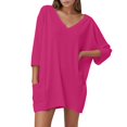 thumbnail image 1 of YFELWZ Hauts pour Femmes Grande Taille Ample Col en V Manches 3/4 T-Shirt Rouge Melon D\'eau S, 1 of 5