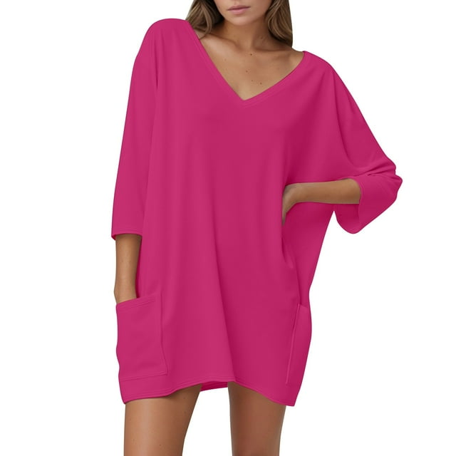 YFELWZ Hauts pour Femmes Grande Taille Ample Col en V Manches 3/4 T-Shirt Rouge Melon D\'eau TTTG
