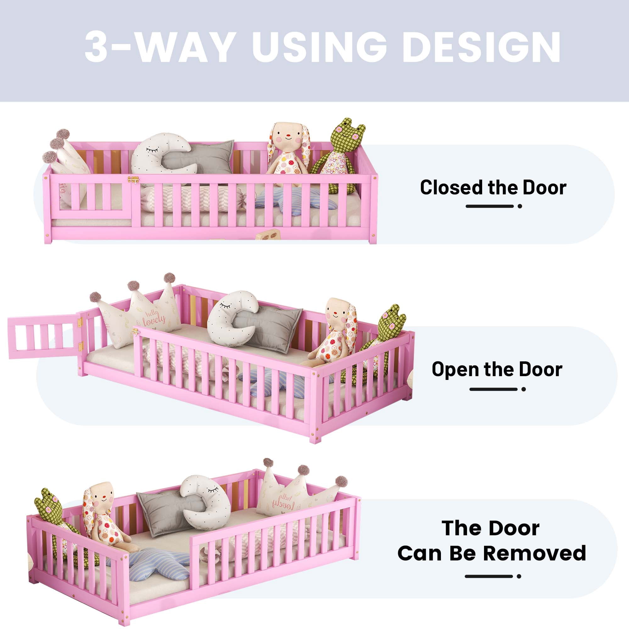 Miniyam Twin Size Toddler Floor Bed with with Safety Guardrails, Pink