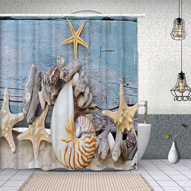 70.9 inch Ocean Shower Curtain, Seashells Starfish Conch Waves Ocean Waterproof Bath Curtains with 12 Hooks for Bathroom Toilet Decor, Size: 70.9 x