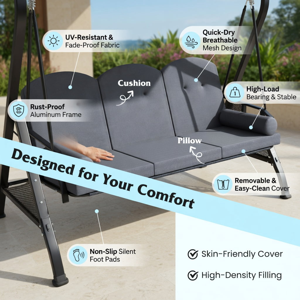 Hommoo 3-Person Outdoor Patio Swing Chair with Adjustable 60° Canopy, Thick Cushions, Foldable Side Trays & Heavy-Duty Steel Frame, Gray