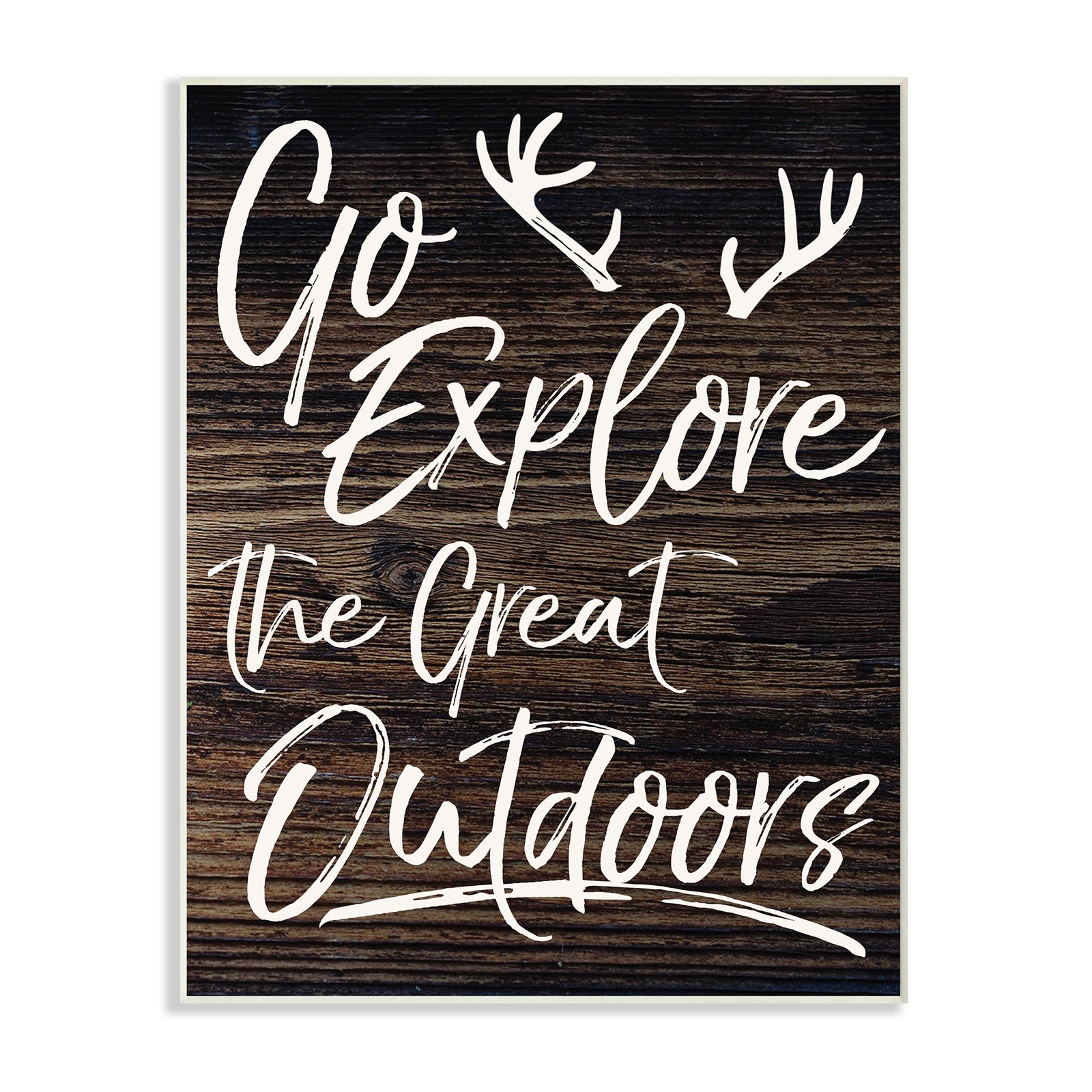 The Stupell Home Decor Collection Go Explore The Great Outdoors Antlers Distressed Wood Oversized Stretched Canvas Wall Art, 24 x 1.5 x 30