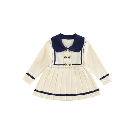 

sdghg Infant Pleated Sweater Dress Baby Girls Contrast Color Long Sleeve Sailor Collar One-Piece
