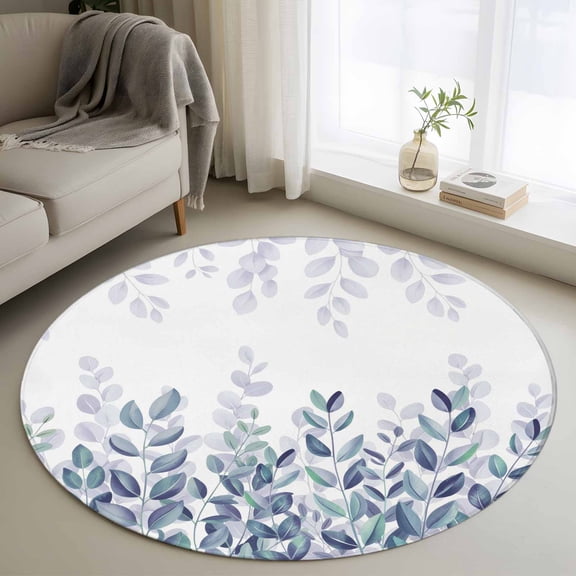 Round Area Rug 3 Ft, Spring Blue Eucalyptus Washable Non-Slip Circle Carpet for Living Room/Bedroom, Botanical Green Leaf Country Low-Profile Small Floor Mats Collection Rugs for Indoor