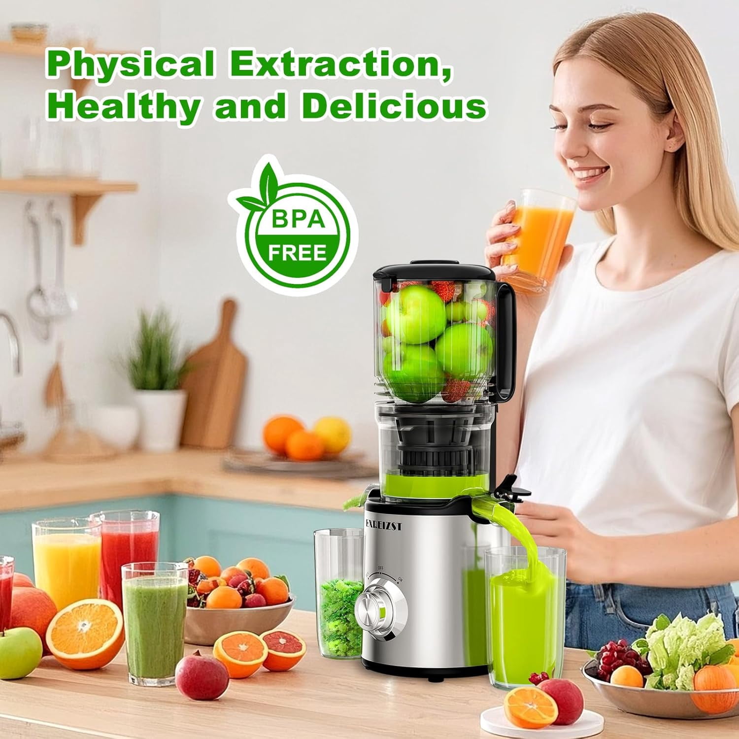 Cold Press Juicer  with 5.3 Inch Large Feed Chute for Whole Fruit Vegetable, 300W Slow Masticating Extractor, Easy Clean