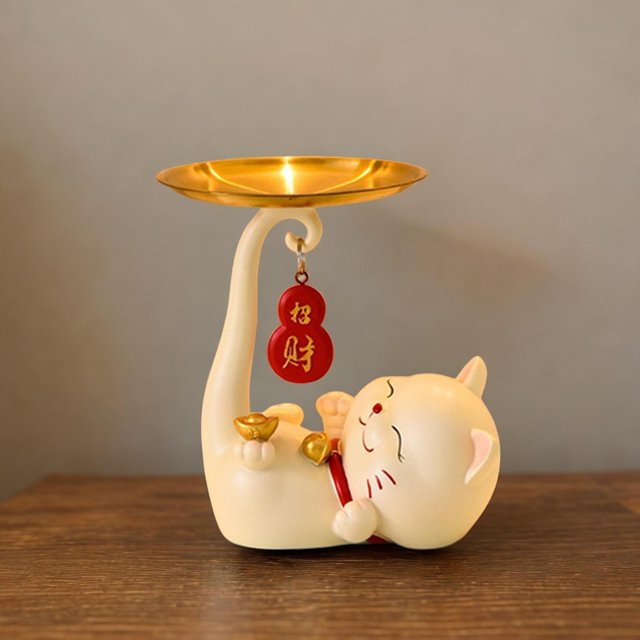 Estatua de mesa de café Estatuillas y esculturas de gatos Porta llaves Bandeja de almacenamiento Artesanía Bandeja de tocador Adornos para estantería Beige