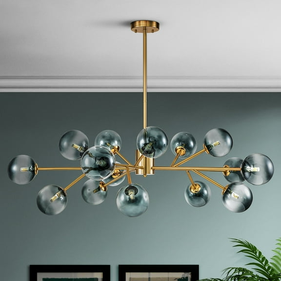 Rennnsan 15-Light Modern Linear Sputnik Kitchen Island Light Branch Cluster Glass Globe Bubble Chandelier Gradient Blue Glass - Gold