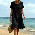 thumbnail image 4 of Qulqfy Summer Dresses for Women Cotton Linen Scoop Neck Plus Size Midi Dress Short Sleeve Black Casual Ruffle Button Vacation Sundress L, 4 of 7