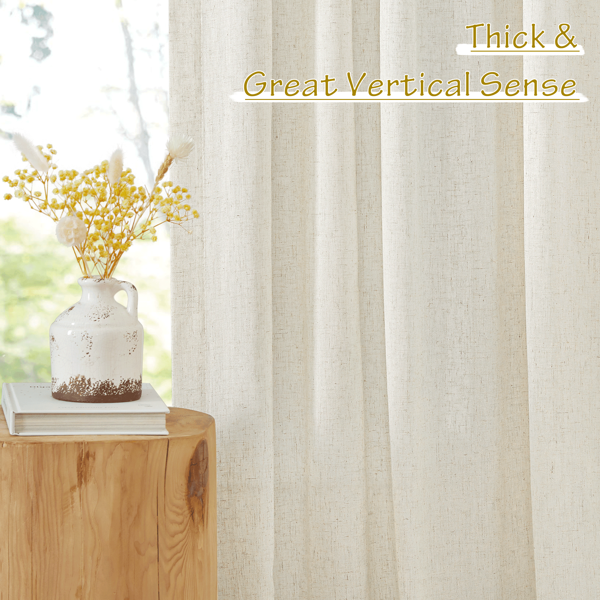 NICETOWN Natural Linen Curtains for Bedroom, 2 Panels, Flax Linen Light Filtering Privacy Added Hook Belt/Backtab/Rod Pocket Window Drapes, 50"x 90"