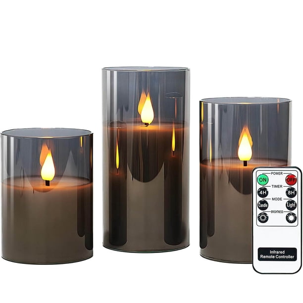 3 Velas led de Cristal Gris con Mando para Navidad, Velas a Pilas con Temporizador Decorativas