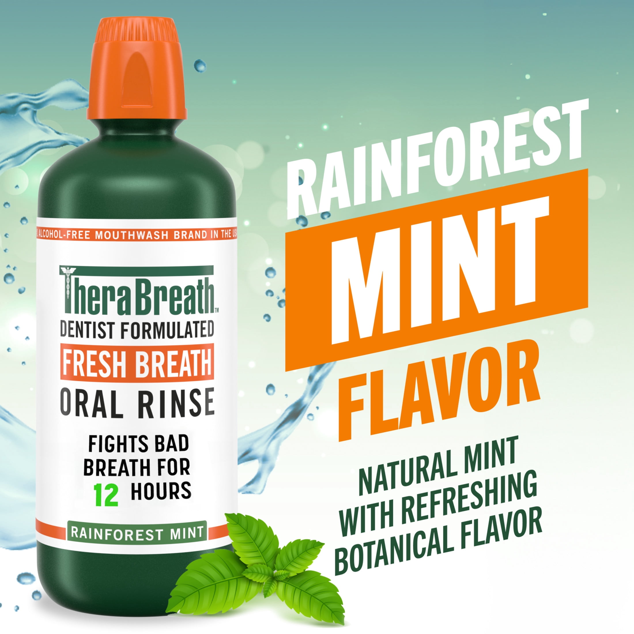 TheraBreath Fresh Breath Mouthwash, Rainforest Mint, Alcohol-Free, 33.8 oz/1 L