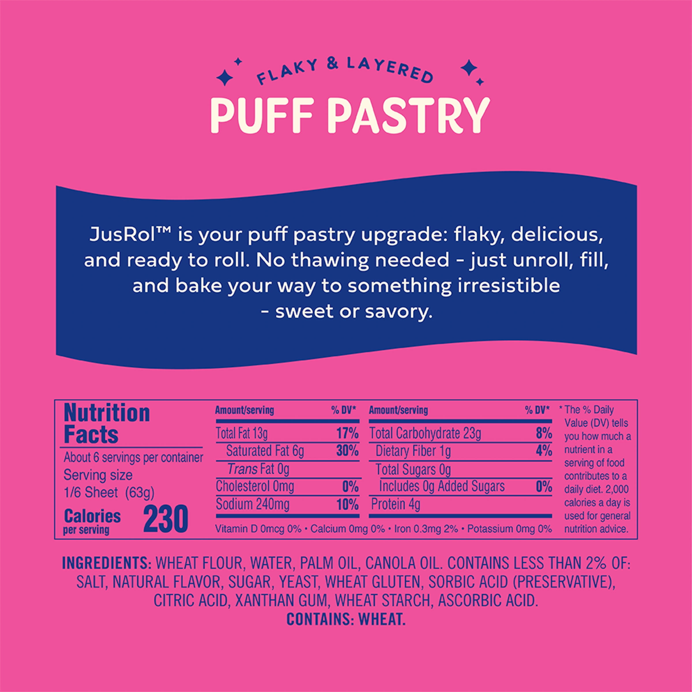 Jus-Rol Flaky & Layered Puff Pastry Sheet, Pre-Rolled Refrigerated Dough, 13.2 oz, 1 Sheet, For Sweet or Savory Baking