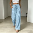 thumbnail image 2 of Linen Wide Leg Pants for Women Elastic Waist Solid Color Palazzo Pants Casual Summer Drawstring Long Pants with Pockets Flowy Beach Vacation Clothes, 2 of 8