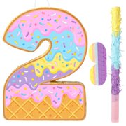 Aoriher Summer Birthday Piñata Ice Cream Game Set Summer Number Piñata with Bat Stick Blindfold Mask Confetti for Sundae Theme Birthday Baby Shower Party Game Supplies Decor(Number 2) Y101