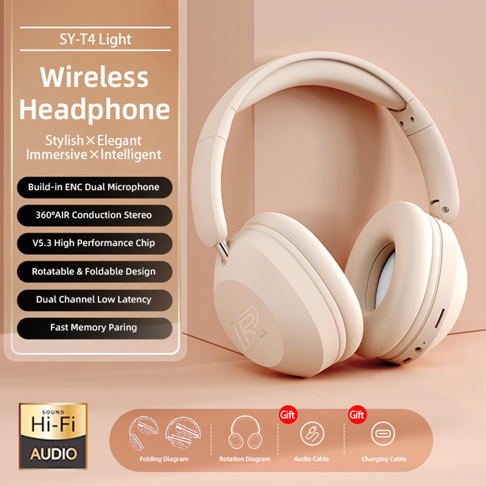 Wireless Over-Ear Headphones - Hi-Res Audiophile Sound, Adaptive Noise Cancellation, Parametric EQ, 60 Hour Battery Life, Includes USB-C Low-Latency Bluetooth Adapter,White