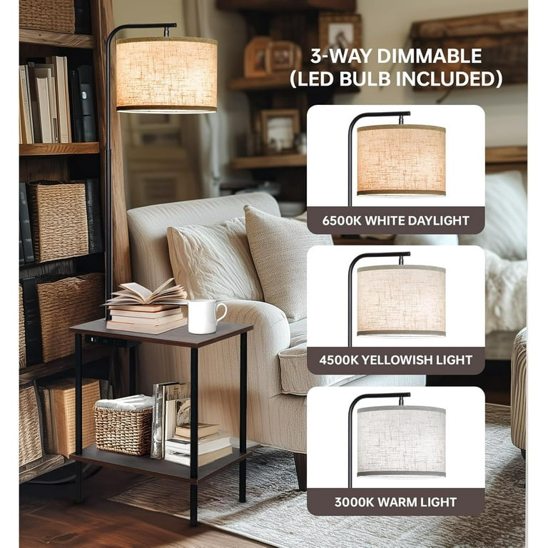 SH Lighting Round End Table Floor Lamp Combo - Features USB Charging Port & Power Outlet - 55" Tall Great For Living Rooms Or Bedrooms - Cappuccino Brown