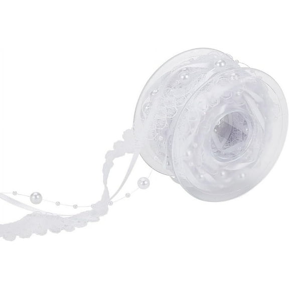 1 Roll Beaded Lace Ribbon Pearl String Satin Polyester Flower Lace Trims Christmas Tree Decoration Ribbon for Sewing Craft Packaging White