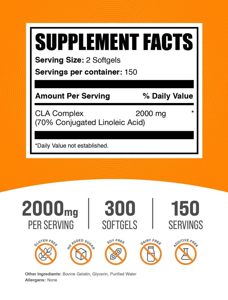 BulkSupplements Conjugated Linoleic Acid Softgels - CLA Supplements - Dietary Supplement, 2 Softgels per Serving (2000mg), 300 Count